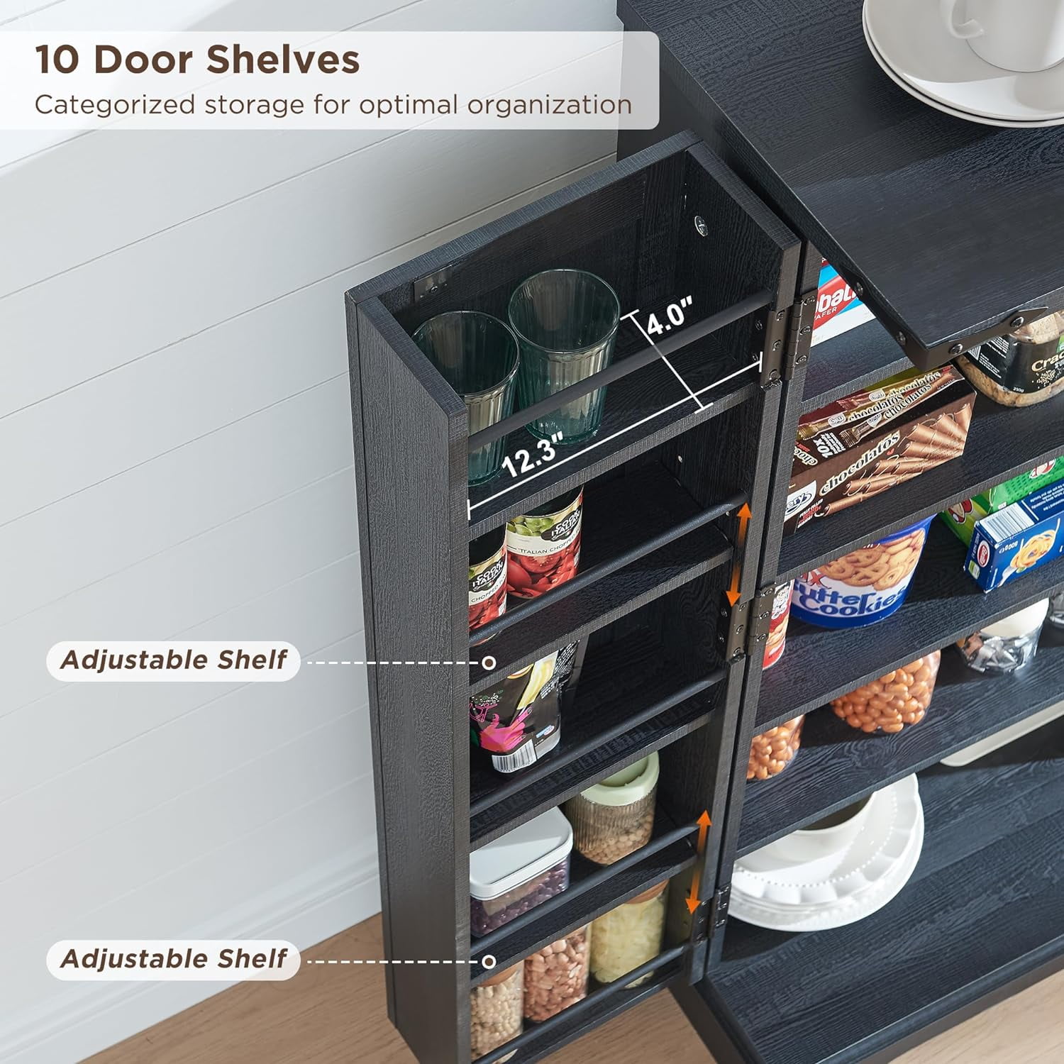 ACCOHOHO 47" Kitchen Pantry Cabinet, Farmhouse Storage Cabinet with Adjustable Shelves for Kitchen, Dining Room, Bathroom - Black