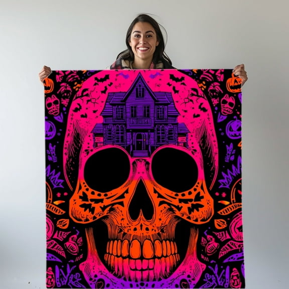 Halloween 300GMS Flannel Blanket, Orange with Skulls&Haunted House Pattern,Soft Cozy Throw for Couch Relaxing&Movie Nights,Great Gift for Family&Loved Ones, All Seasons Lightweight Decorative Blanket