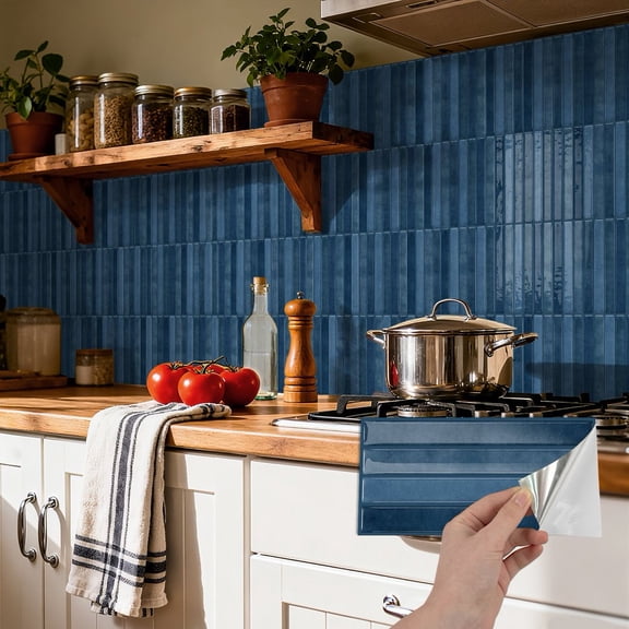 10 Pcs Self Adhesive 3D Tiles Stickers Blue Wall Decals 9.68 x 4.72inch DIY Decor Marbling Waterproof Peel and Stick Kitchen Backsplash