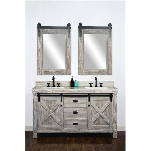 InFurniture WK8560-W-CS SQ TOP 60 in. Rustic Solid Fir Barn Door Style Double Sinks Vanity in White Wash with Coastal Sands Marble Top with Rectangular Sink - No Faucet - 61 x 34.6 x 22 in.