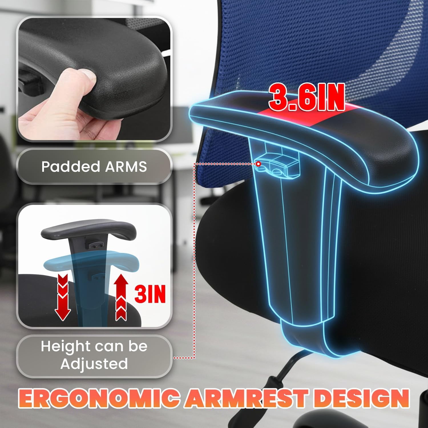 BORGEBY Big and Tall Office Chair Heavy Duty 400LBS Computer Desk Chair with Lumbar Support Ergonomic High Back Task Rolling Swivel Mesh Chair for adult,Blue