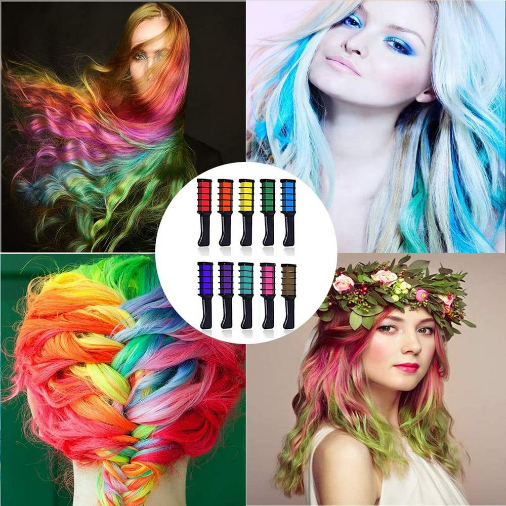 [10 Colors] Hair Chalk Comb Set, Temporary Bright Hair Color Dye for