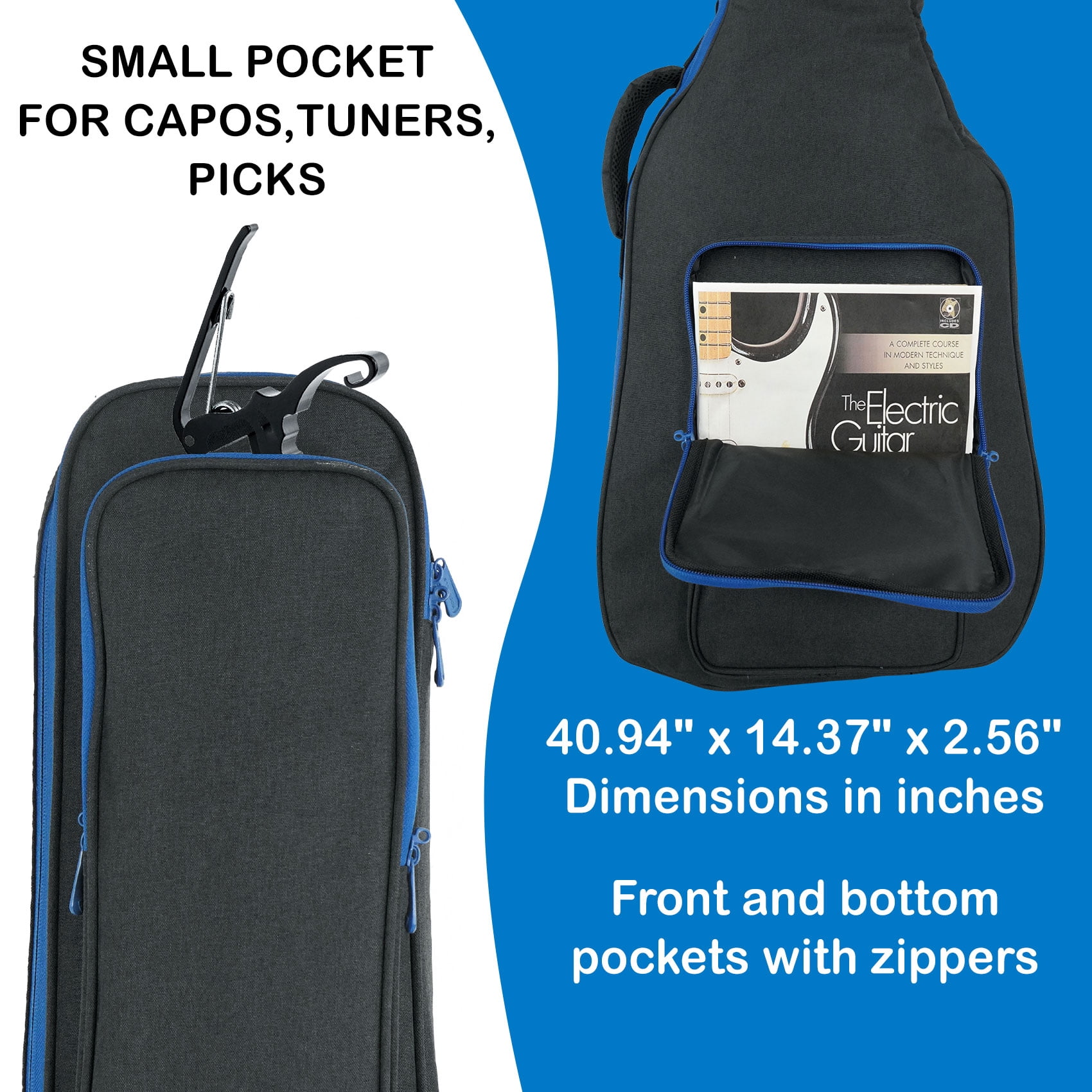 Rockville EGB25-BLU Padded Electric Guitar Gig Bag with Neck Pad + Secure Strap