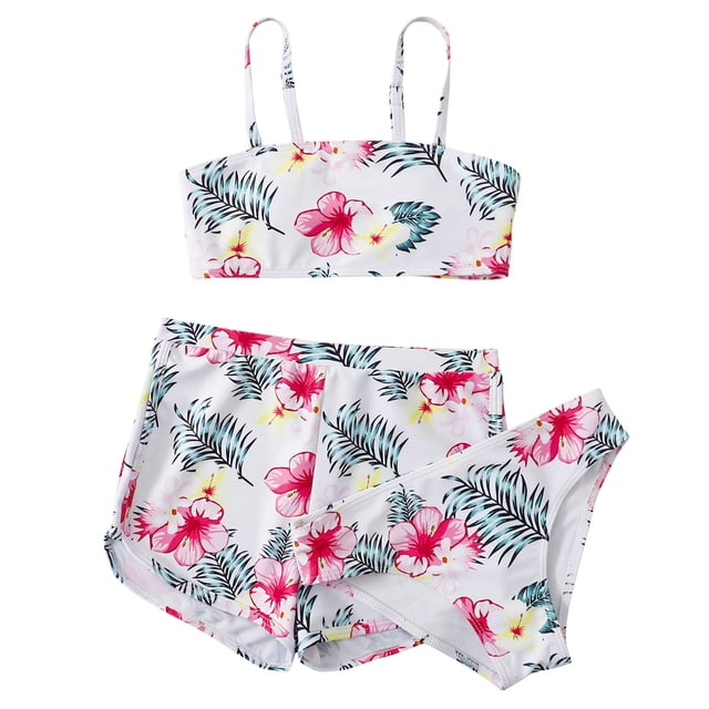 Akiihool Girls Bikini Girl's 3 Piece Swimsuits Triangle Halter Shell Print Bikini Set with Cover Up Wrap Skirt (Pink,8-9 Years)