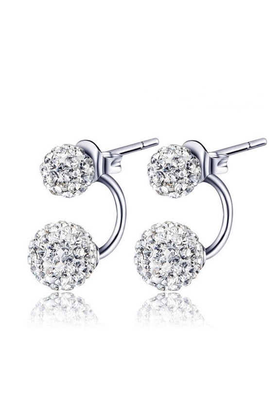 Double Beaded Stud Earrings, Double Cycle Stud Jacket Earrings, White Rhinestones Double-sided Shining Shumbala Balls Earrings, Sparkling Ball Stud Earrings Jewelry Gift for Women R2N2