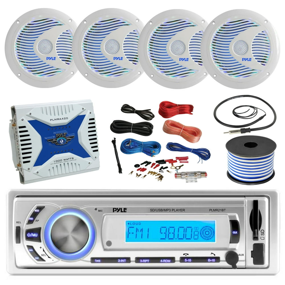 2129' Pontoon Boat Pyle Bluetooth Marine Receiver, 4 X Pyle 6.5'' Waterproof White Speakers w