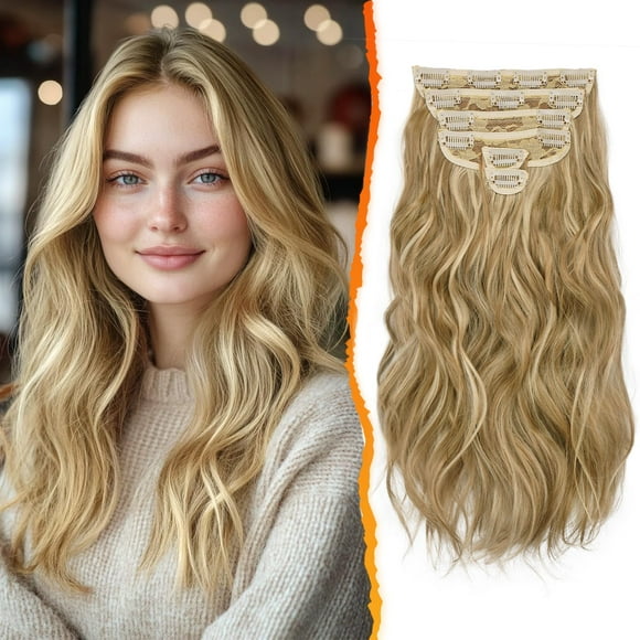 BARSDAR Clip-In Wavy Highlight Hair Extensions - 6PCs, 16 Inch, Golden Blonde with Highlights