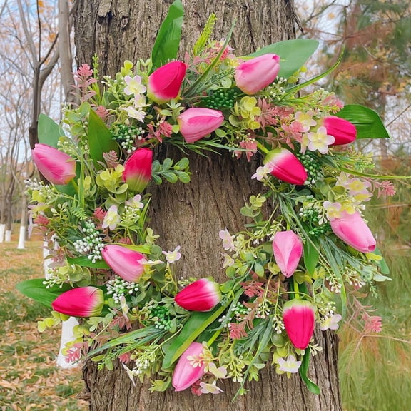 Spring Front Door Wreath with Tulips, Leaves| Outdoor/Indoor Hanging Flower Garland for Porch, Wedding & Home Decor