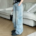 thumbnail image 6 of Kids Girls Wide Leg Denim Cargo Pants Casual Baggy Jeans High Waist Floor Length Jeans with Pockets, 6 of 9