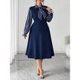 thumbnail image 4 of Navy Blue Plus Size Womens Elegant Long Sleeve Striped Tie-Neck Flared A-Line Dress For Autumn Winter Outings, 4 of 8