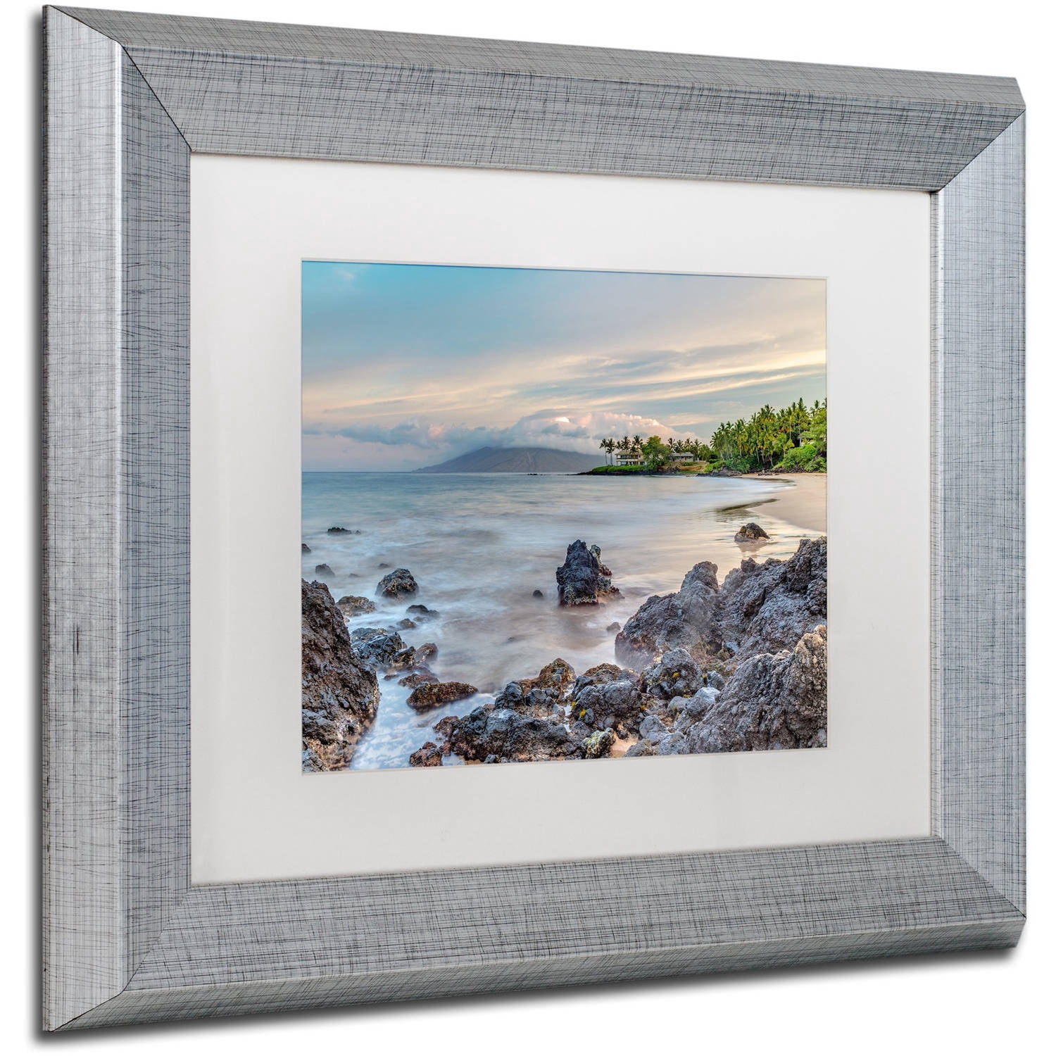 Trademark Fine Art 'Secret Beach Sunrise Maui' Canvas Art by Pierre Leclerc, White Matte, Silver Frame
