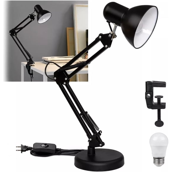 Lampara De Escritorio 2 En 1 Con Base De Metal Abrazadera Tipo C Lampara Clasica Elegante Lampara De Oficina Con Brazo De Metal Foco Universal Lampara De Escritorio Ajustable (Negro)