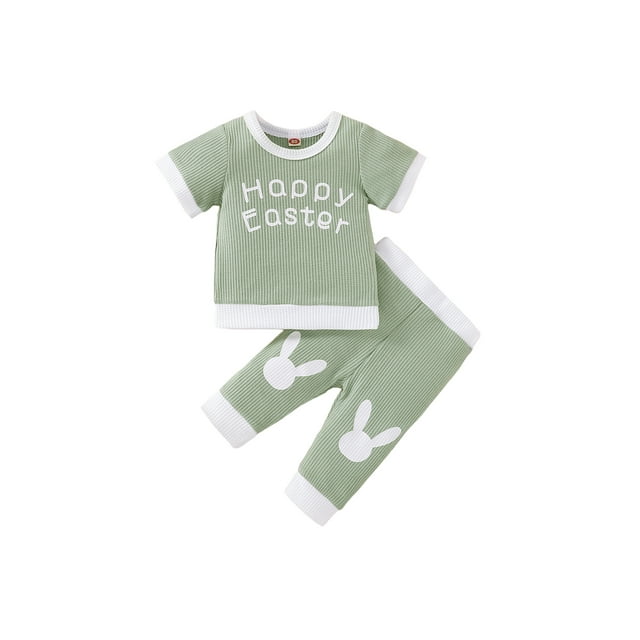 Kmbangi Newborn Patchwork Two-Piece Outfits, Easter Day Theme Short Sleeve Round Neck Letter Print T-Shirt + Rabbit Long Pants