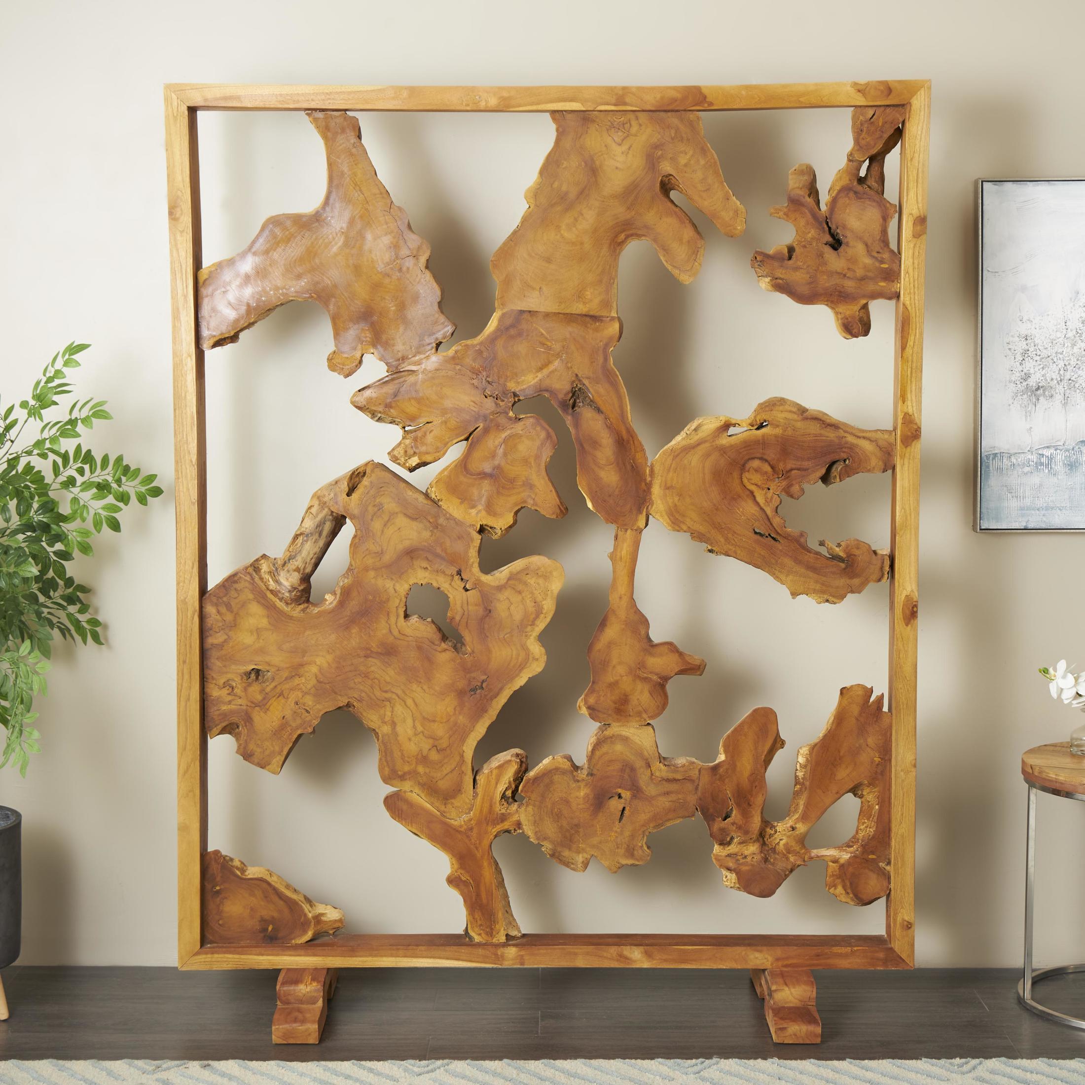 DecMode 63" x 82" Brown Teak Wood Handmade Tall Live Edge Freestanding Room Divider Screen with Large Tree Trunk Pieces, 1-Piece