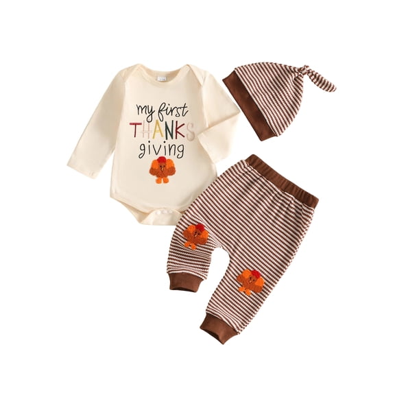 Cjfdfy Newborn Baby Boy Girl Thanksgiving Outfit My First Thanksgiving Letter Embroidery Long Sleeve Romper Pants Hat Cute Turkey Romper Funny Thanksgiving Turkey Fall Winter Clothes