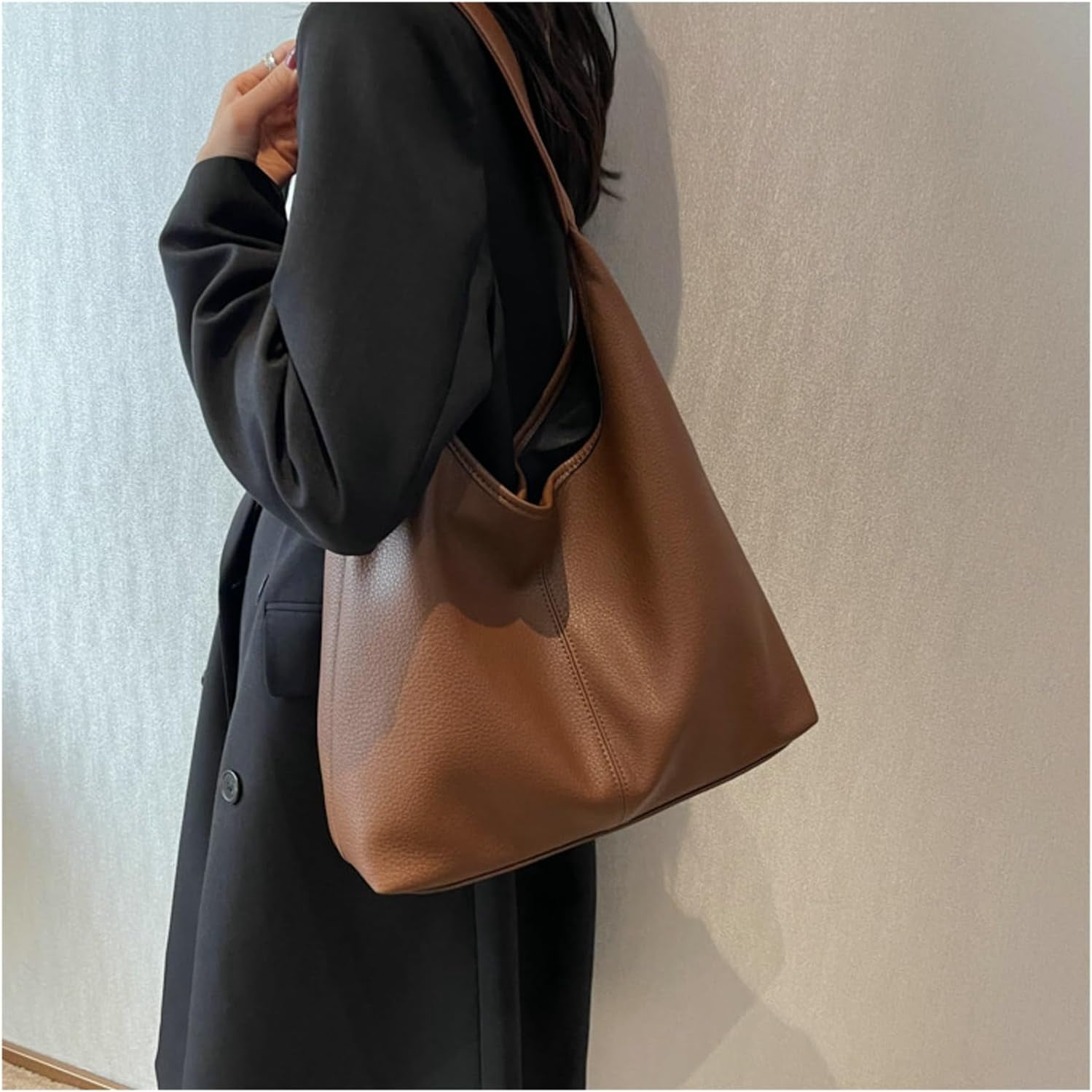 HLSOHJP Slouchy Hobo Bags for Women Tote Bag Retro PU Leather Crossbody Purse Soft Shoulder Purses 2pcs Work College Handbags