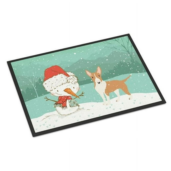 18 x 27 in. Fawn Bull Terrier Snowman Christmas Indoor or Outdoor Mat