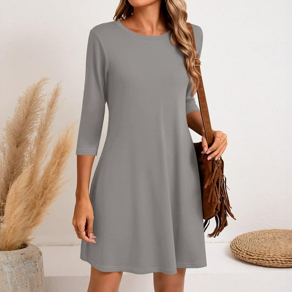 LISTHA Women's 3/4 Sleeve Dresses, Casual T-Shirt Dresses, Crew Neck Loose fit Swing Autumn Dresses, Tunic Dresses Gray 3XL