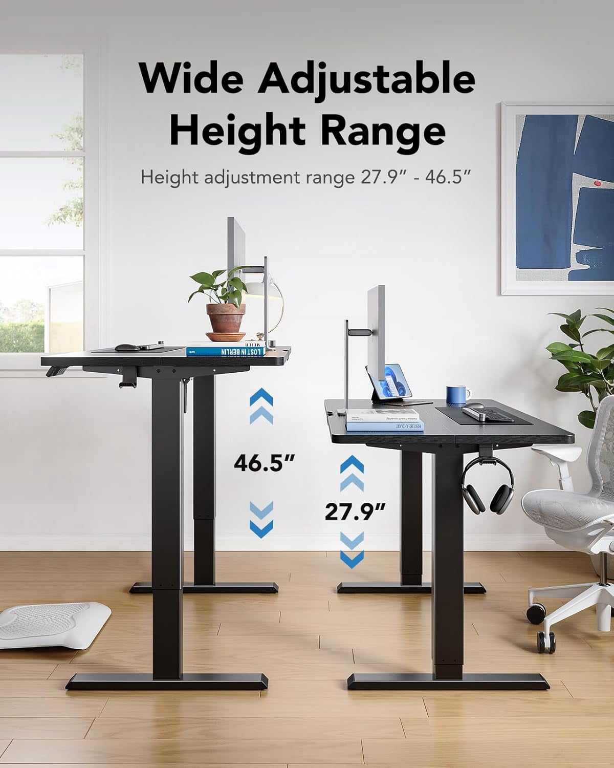 Kyspho 55" x 28" Electric Standing Desk Adjustable Height, 4 Memory Height Settings, Headphone Hook, Cable Manager, Sit Stand Up Desk for Home Office & Computer Workstation, Black