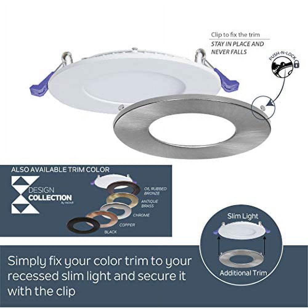 Nadair, 6’’ LED Recessed Ultra Slim Lights, 4000K (cool white), 1-Pack, IC Rated, Dimmable, 15W=90W, 1125 Lumens, Quick Connect System, White Finish / Brushed nickel trim included, Round
