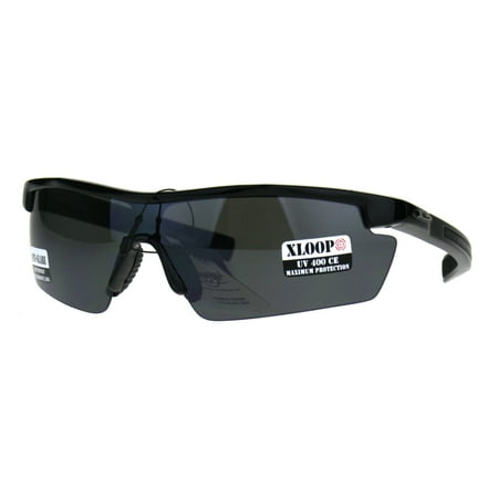 Mens Xloop Half Rim Baseball Sport Shield Plastic Sunglasses Shiny Black
