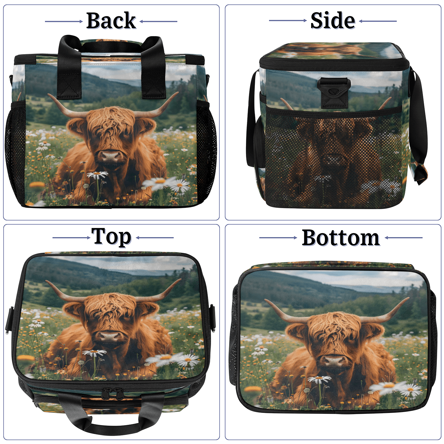 Herdesigns Highland Cow Spring Floral Large Lunch Box for Adults Women Men with Adjustable Shoulder Strap, Insulated Reusable Lunch Bag Leakproof Cooler Tote Bag