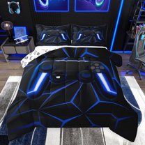 Feelyou Cartoon Blue Gamepad Queen Comforter Set, Futuristic Stripes Abstract Ombre Bedding Sets, Teens Kids Boys Girls Reversible Bedding Comforter Set, Ultra Soft Bedroom Decor, 3 Pieces