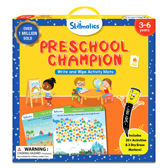 Skillmatics Educational Game - Preschool Champion, Reusable Activity Mats with 2 Dry Erase Markers, Gifts for Ages 3 to 6