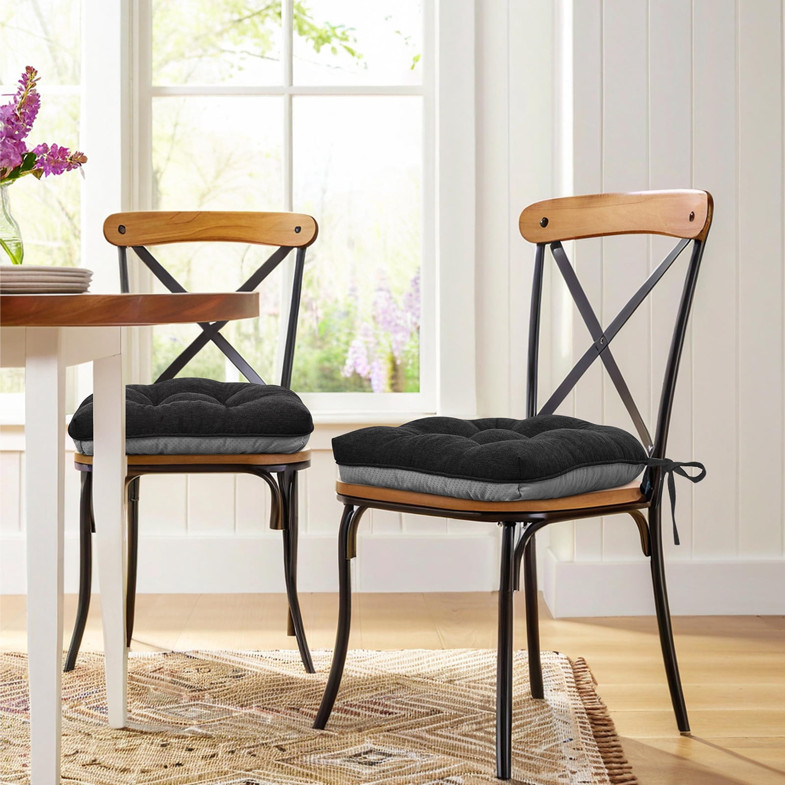 Shinnwa Chair Cushions for Kitchen Chairs Memory Foam Tufted Dining Chair Pads with Ties Non Slip Seat Cushions, Set of 4, Black
