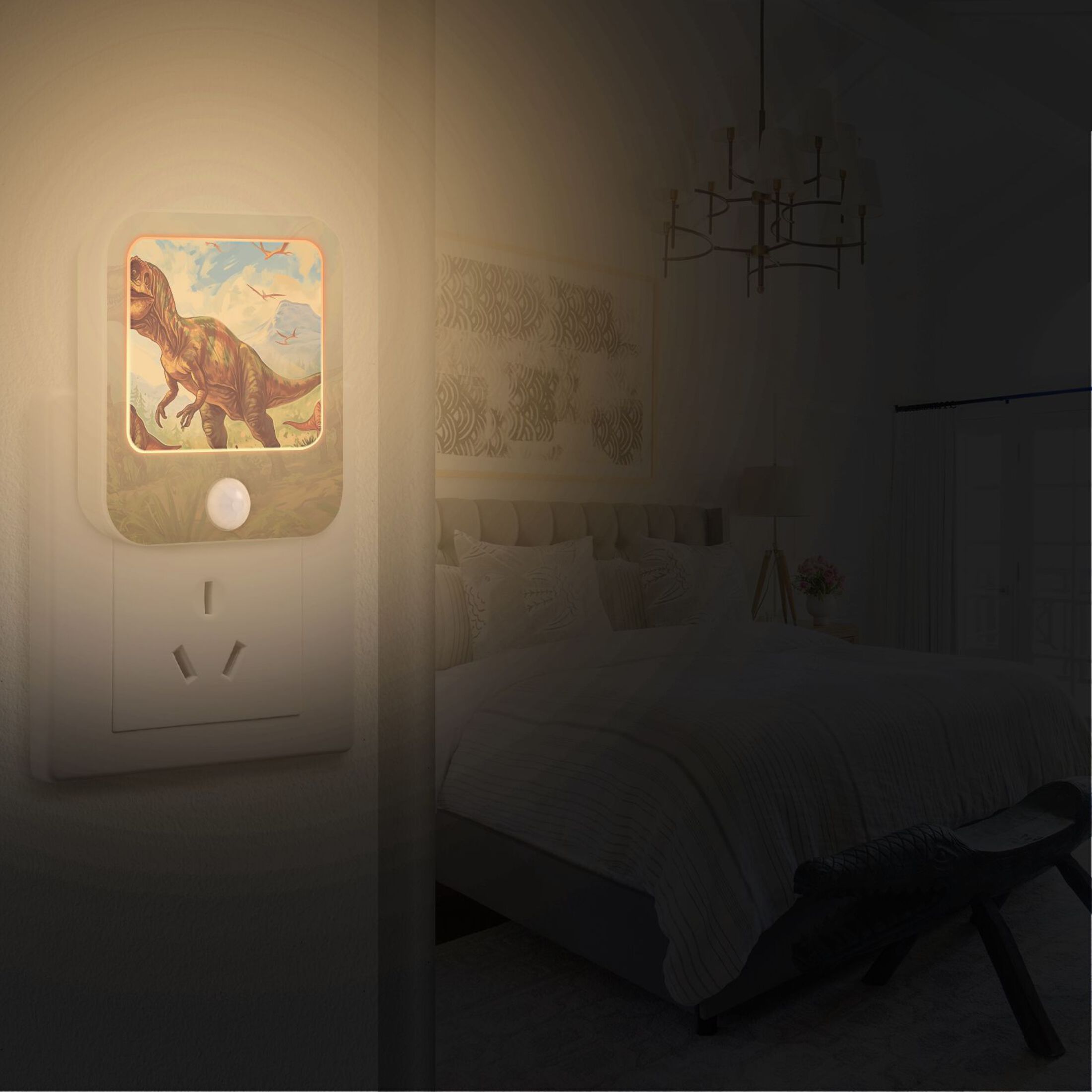 Dinosaurs Trees Leaves Sky Night Lights Plug into Wall LED with Auto Light Sensor Warm Light for Kids Hallway Bedroom Living Room Kitchen Bathroom Set of 2