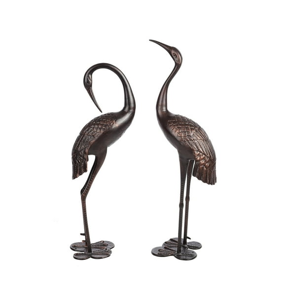 Westcharm Antique Bronze Garden Crane Pair Statue - Upright and Preening Sculpture Set (Male 19" W x 10" D x 43.5" H; Female 12" W x 10" D x 39.5" H)