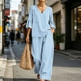 thumbnail image 4 of Womens Stripe Casual Two Piece Outfit V-Neck 3/4 Bell Sleeve Top Elastic Waist Wide Leg Pants with Pockets Loungewear Set Light Blue M(M), 4 of 7
