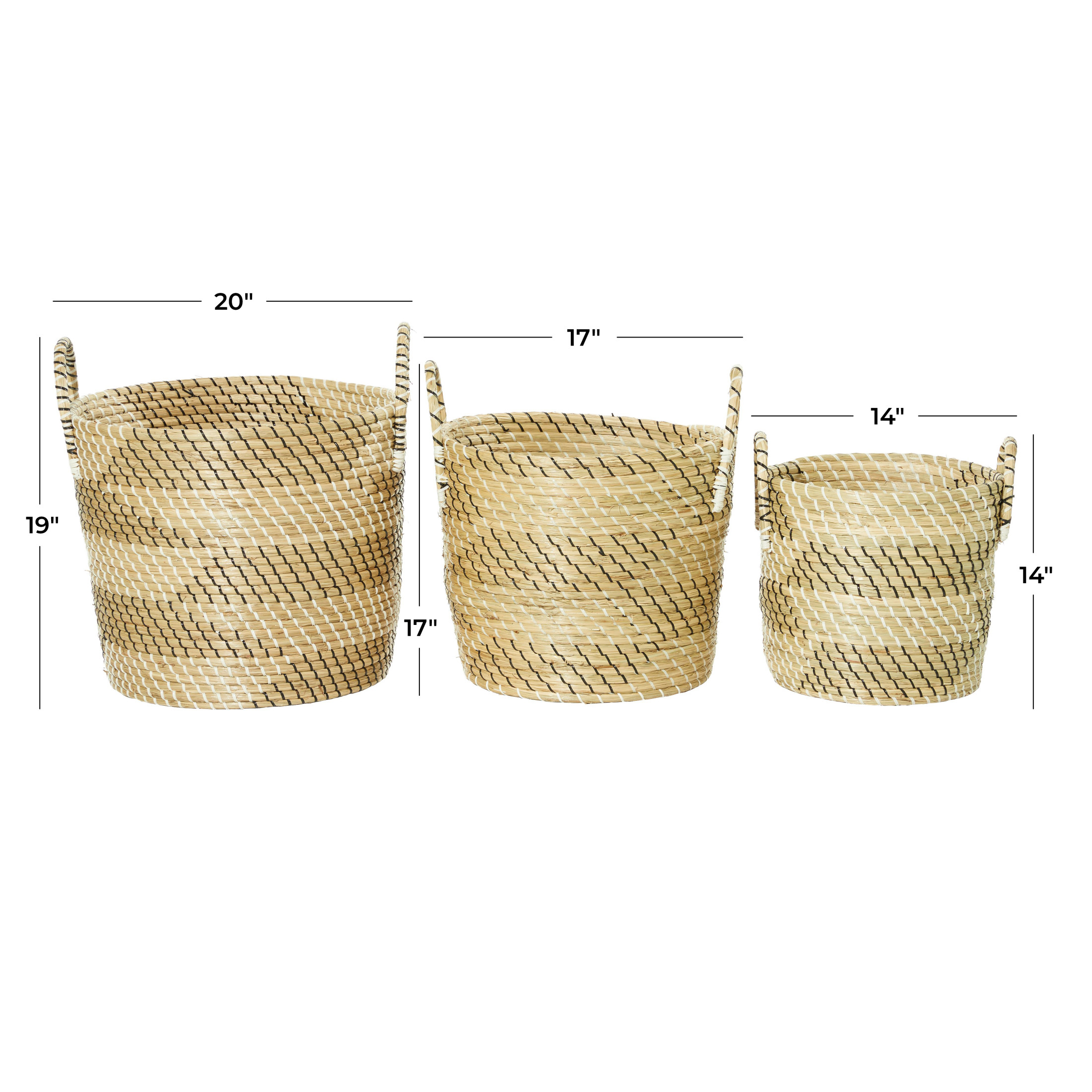 DecMode 14", 17", 19"H Beige Seagrass Handmade Woven Storage Basket with Black and White Zig Zag Pattern, 3-Pieces