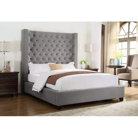 Contemporary Velvet California King Bed Frame, Long Wing Back Tufted Headboard, Upholstered Bed Frame, Gray