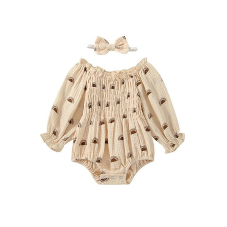 

Thaisu 2Pcs Newborn Girl Fall Outfit Sun Print Ruffled Boat Neck Long Sleeve Romper + Hairband 0-24 Months