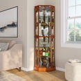 thumbnail image 3 of BELLEZE Lighted Curio Cabinet Corner Display Case for Living Room, China Hutch with Tempered Glass Doors and Shelves, Wooden Accent Cabinet, Bar and Liquor Storage Area - Ashfield (Oak), 3 of 7