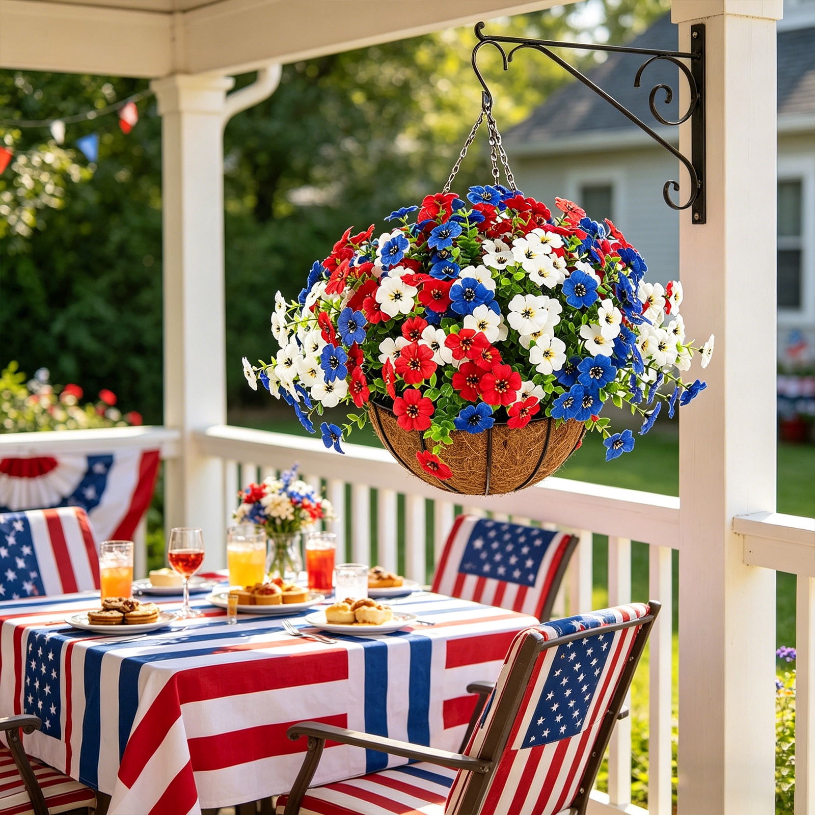 LNOGEUPG Independence Day Artificial Outdoor Flowers with Hanging Basket, 1 Hanging Planters with 12 Pcs Patriotic Flowers for Summer Front Porch Patio 4th of July Decor (Red, White, Blue)