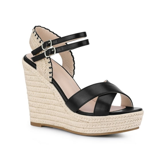 BLISSFUL STEP Women's Crisscross Strap Platform Espadrilles Wedge Heel Sandals Black 7