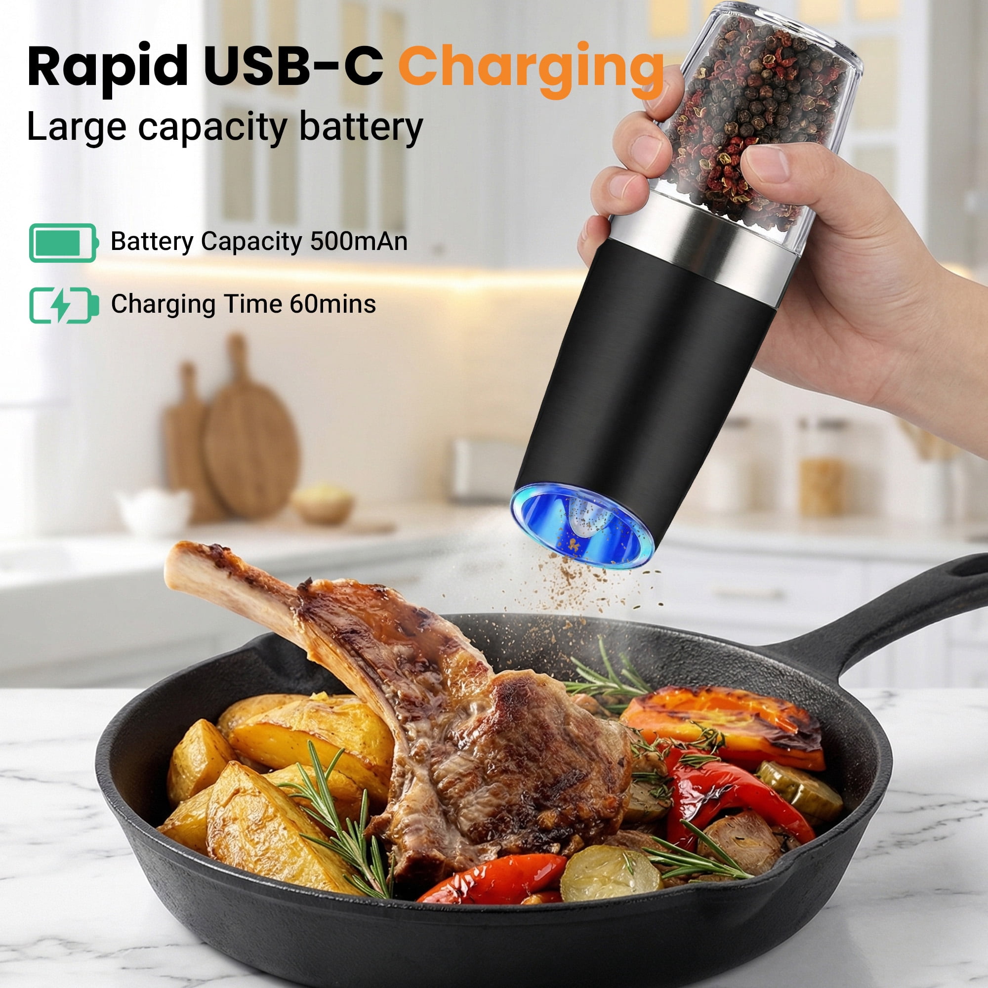 DAYBETTER Salt and Pepper Grinder Set, USB Rechargeable Electric Salt and Pepper Grinder Set, Adjustable Coarseness Mill Grinders, for Kitchen, Dining & Camping