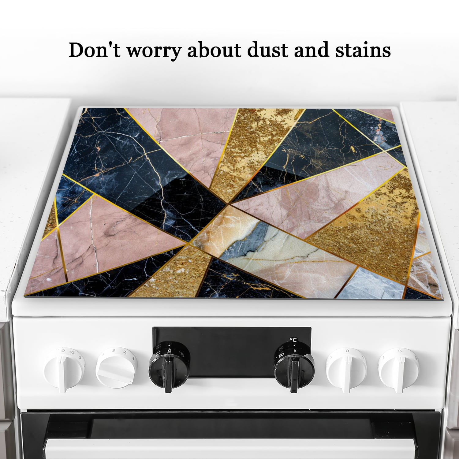 Square Electric Stove Top Cover, Abstract Geometric Art Marble Print Heat Resistant Glasstop Stove Covers, Pink Gold Decoration Mat for Kitchen RV(28×20 Inch)