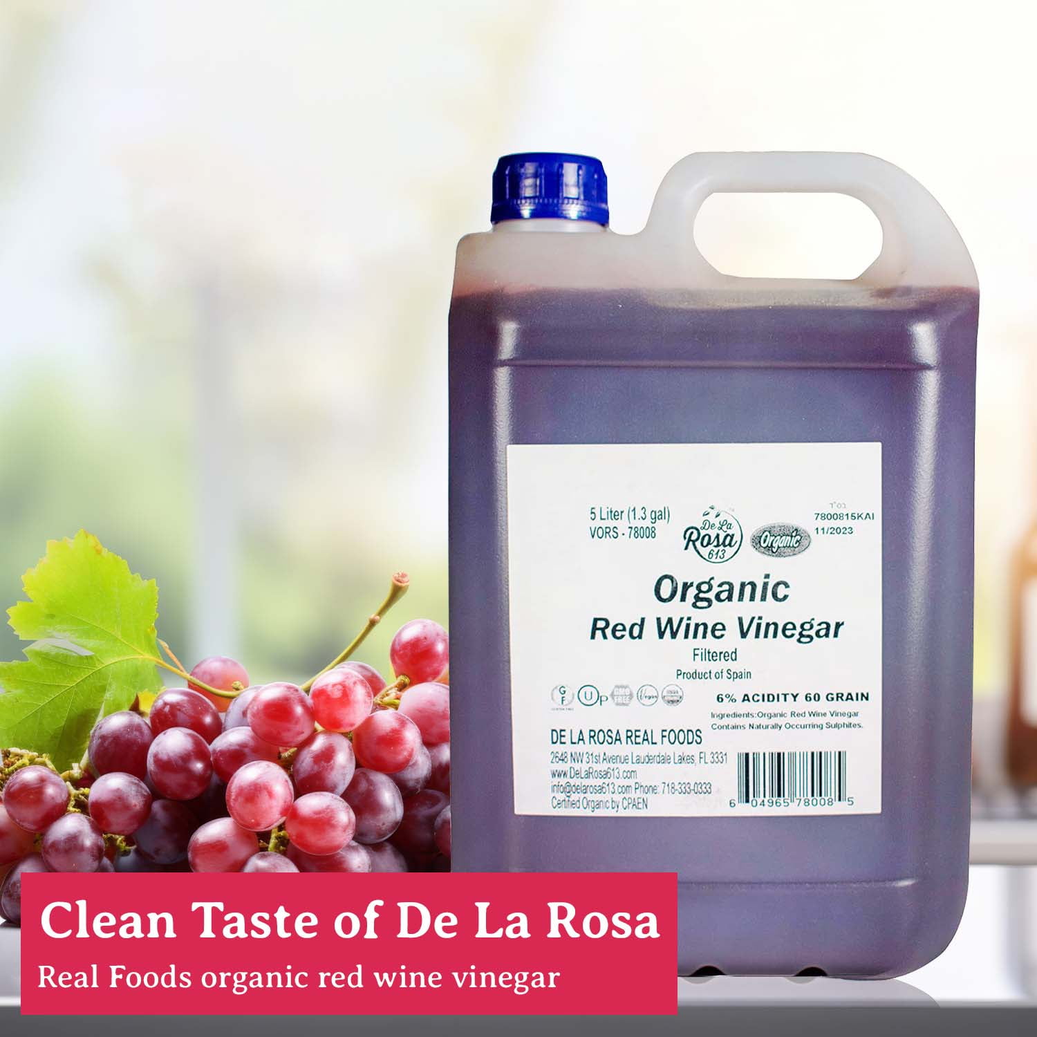 De La Rosa 613 Red Wine Vinegar, Filtered, Kosher, Non-GMO, Gluten-Free, 5 Liters