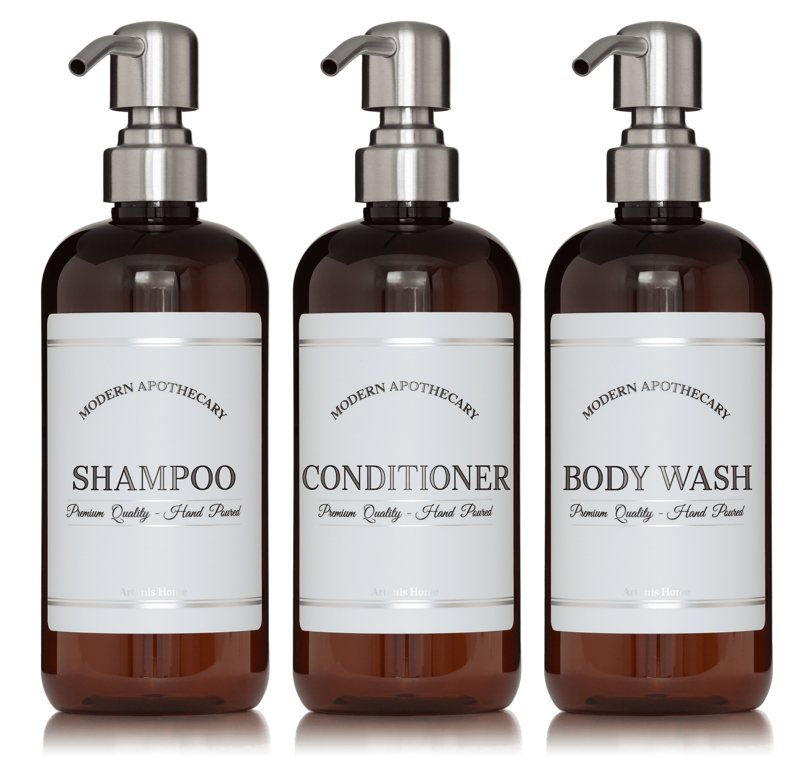 Cosmic gået vanvittigt Parasit Artanis Home Amber Refillable Body Wash, Shampoo and Conditioner Bottles -  PET Plastic Shampoo Bottles with White Plastic Pumps and "Modern  Apothecary" Labels- 16 oz, 3 Pack - Walmart.com