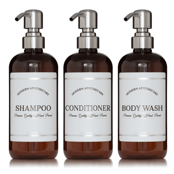 Artanis Home Amber Refillable Body Wash, Shampoo and Conditioner Bottles - PET Plastic Shampoo Bottles with Stainless Steel Pumps and "Modern Apothecary" Labels- 16 oz, 3 Pack