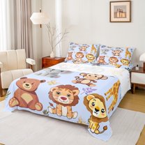 Manfei Cartoon Animals Bed Sheets 4pcs for Boys Girls, Lion Tiger Giraffe King Sheets, Elephant Monkey Bear Sheet Set, Purple Ultra Soft Home Decor