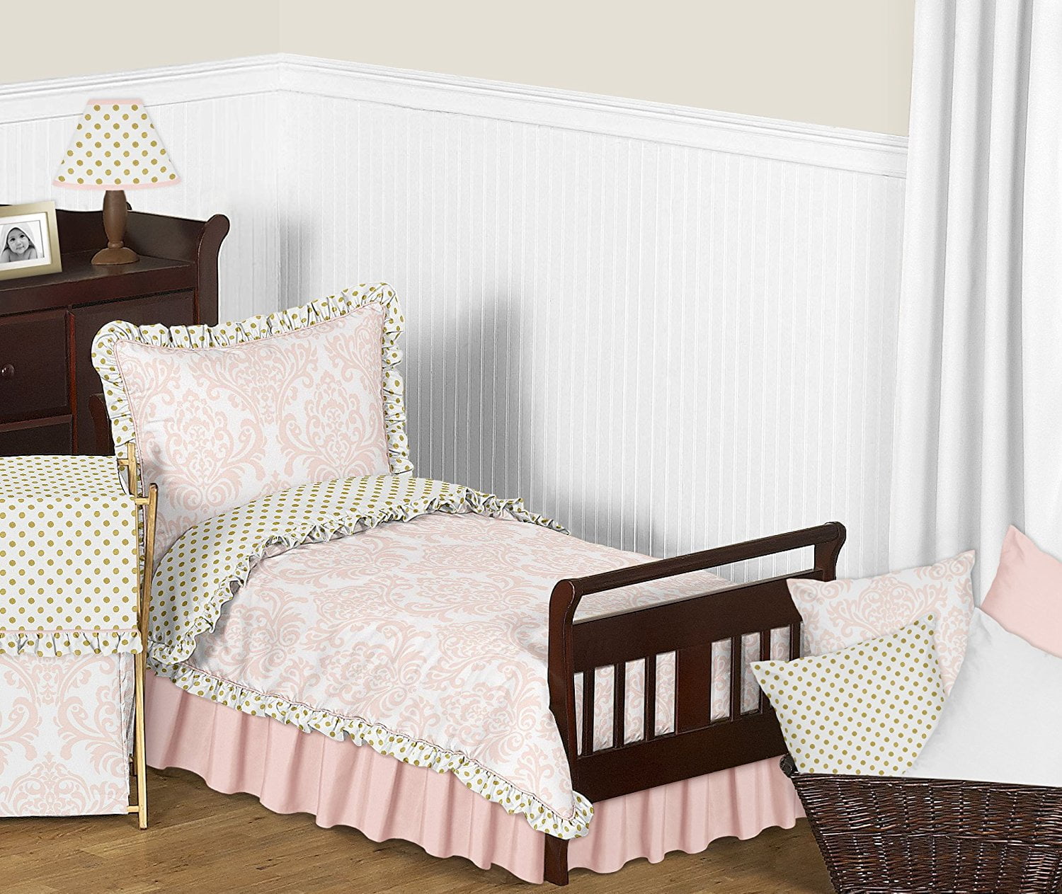 Blush Pink White Damask and Gold Polka Dot Amelia 5 Piece Toddler Kids