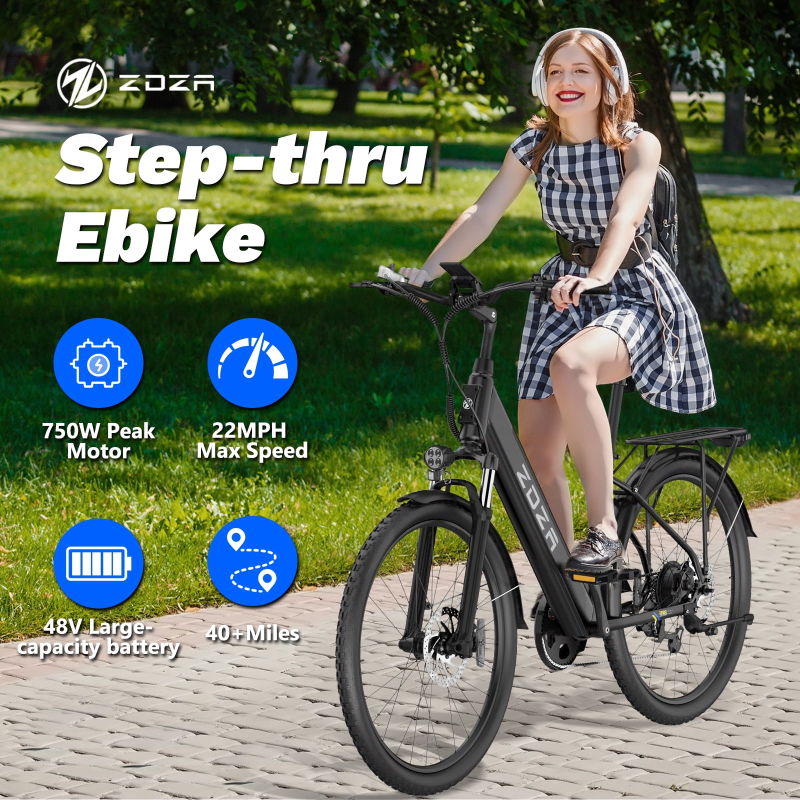 ZDZA Electric Bike for Adults 26”, 750W Peak Motor Ebike for Woman, 48V Removable Battery, 7 Speed Step-thru Electric Bicycle with Rear Shelf UL2849