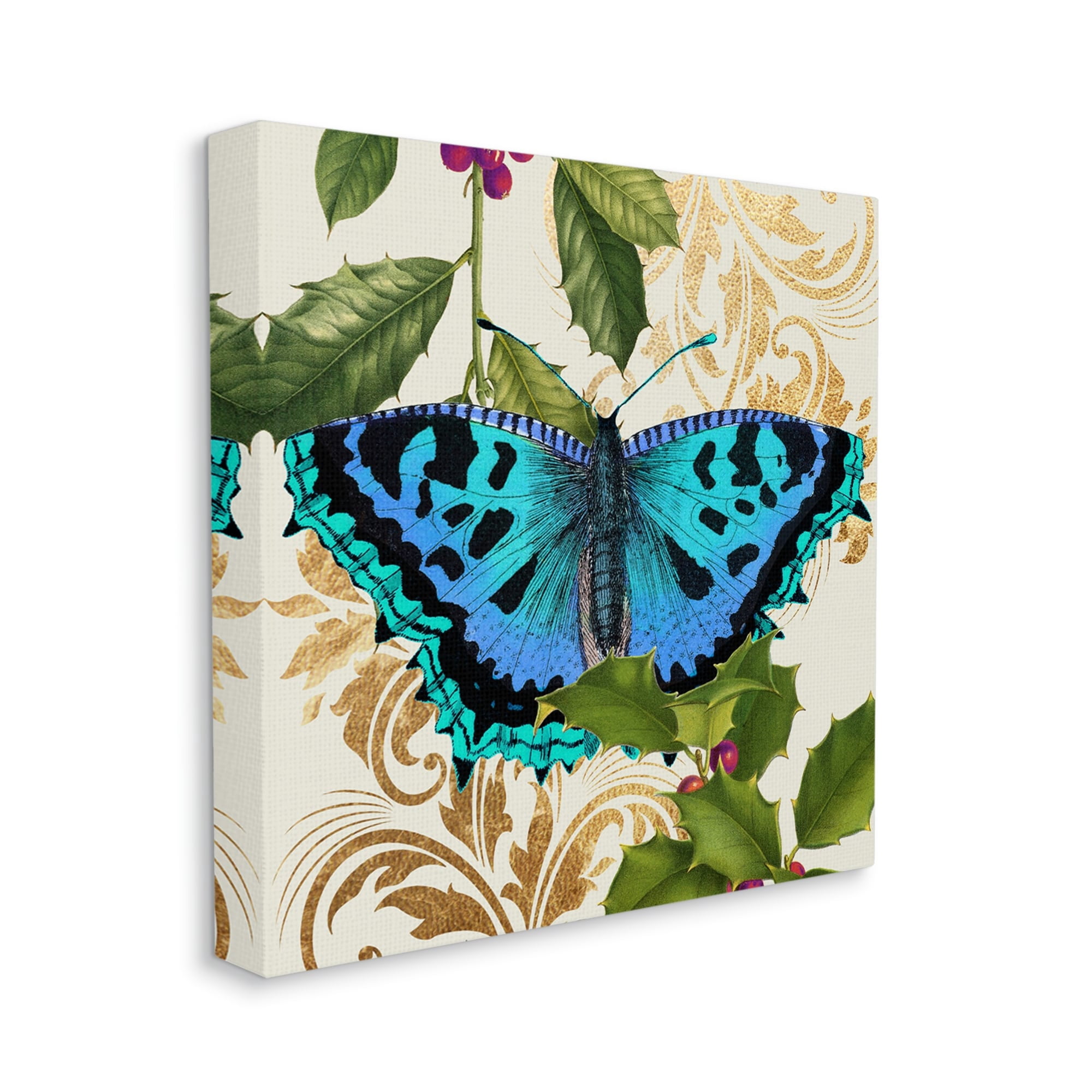 Stupell Industries Dazzling Butterfly Wings Golden Floral Design Winter Holly,17 x 17, Design by Daphne Polselli