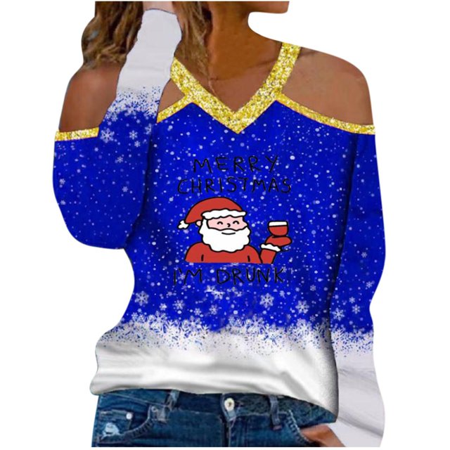 Mode de Noël Blouse Décontractée à Manches Longues Col en V Épaules Dénudées Imprimée pour Femmes