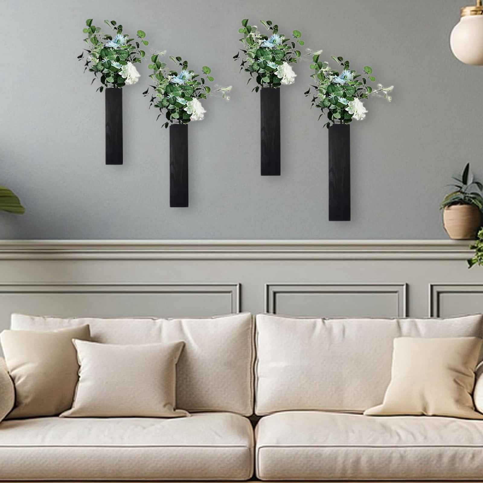 Black Wood Wall Planter for Indoor â Modern Farmhouse Hanging Planter for Dried Flowers, Greenery & Succulents â Living Room, Bathroom & Kitchen Wall Decor