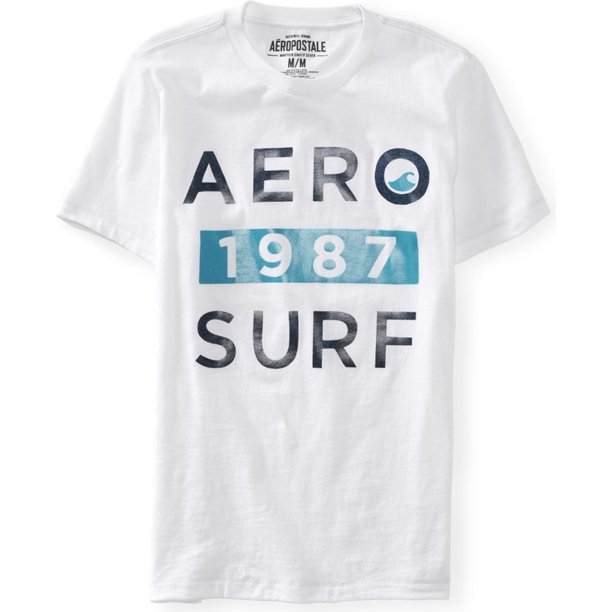 Aeropostale Mens 1987 Surf gráfico playera, blanco, pequeño